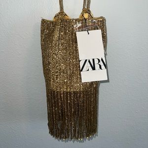 Zara Gold Diamond Beaded Fringed Mini Bucket Bag Brand New